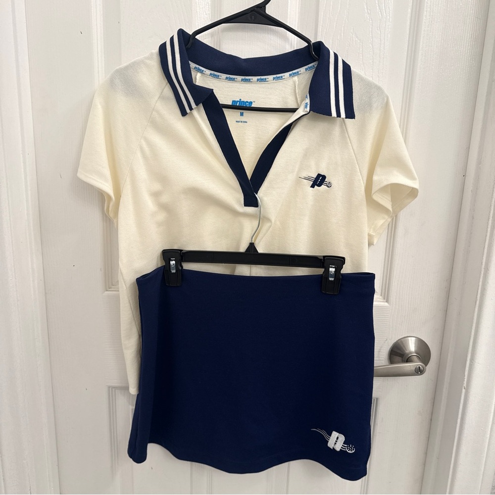 Prince Pickleball Set Cream Polo Top with Navy Trim and Navy Skort Medium